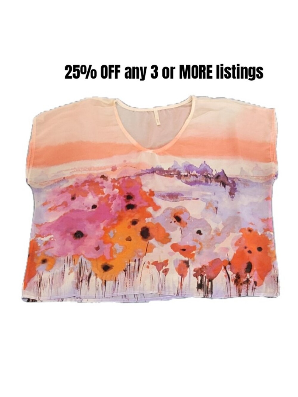 Watercolor Graphic Floral V-Neck Peach Pink Orange Vintage Short Sleeve Sheer